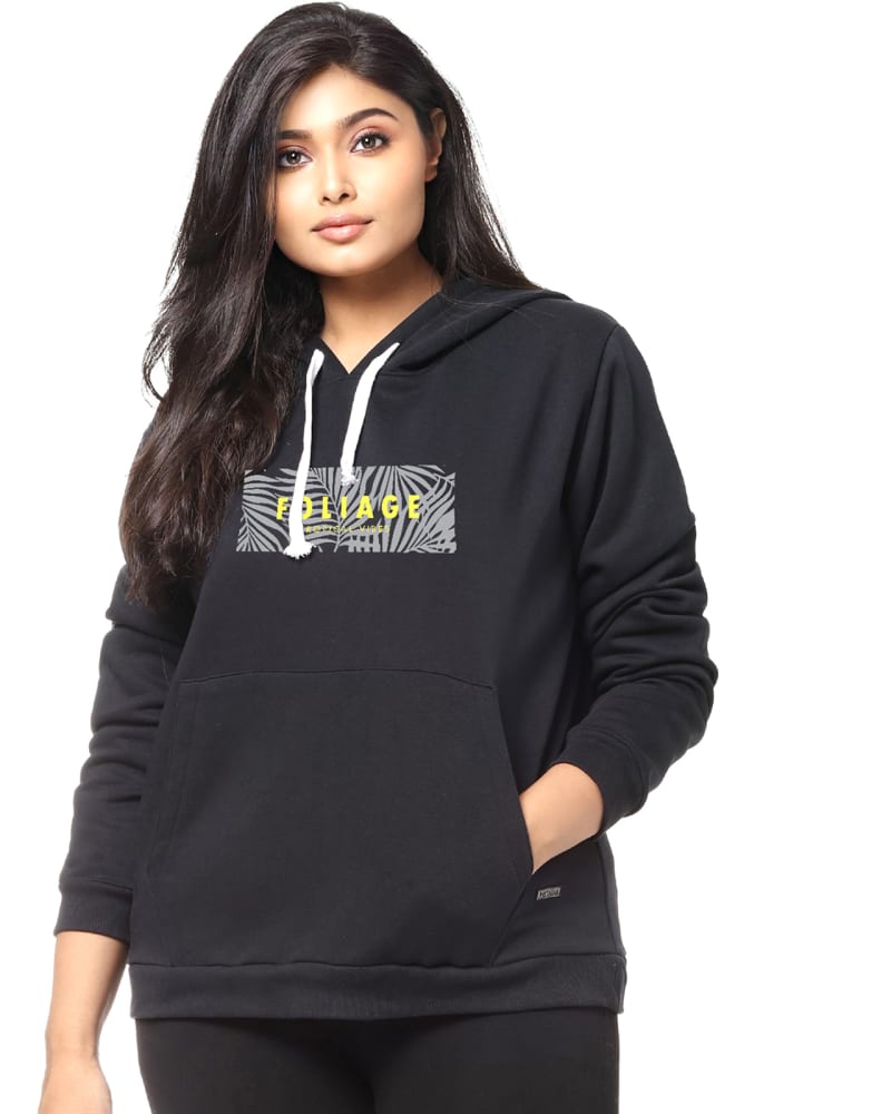 Front of a model wearing a size 6XL Black "Foliage" Printed Hooded Sweatshirt in Black by Instafab Plus. | dia_product_style_image_id:297340